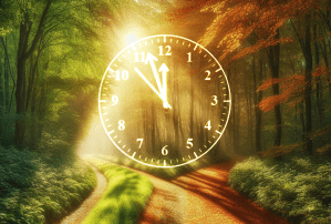 Huge clock face superimposed on a diverging path in an autumn forest